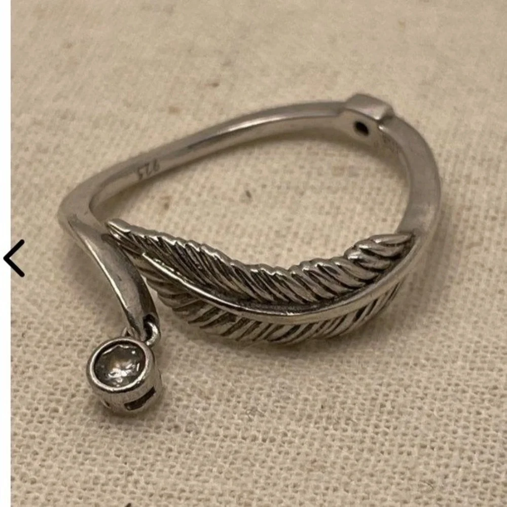 Sterling Silver Feather Wrap Ring with Dangle Cubic Zirconia Size 7.75 925 Plume